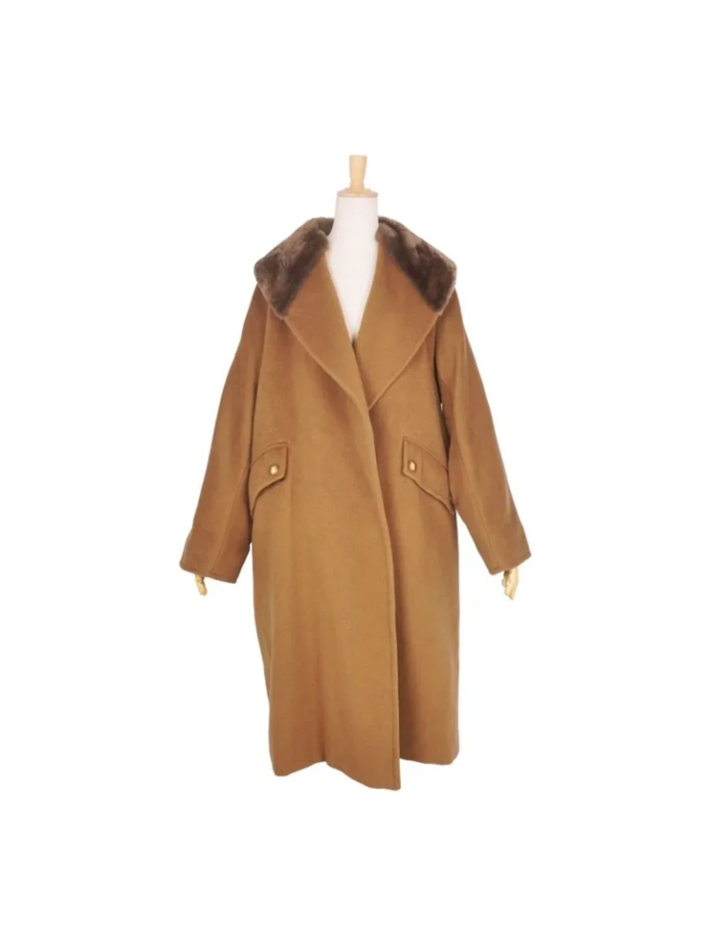 Max Mara Wool Cashmere Coat Long White Tag Buttonless Collar Fur Brown